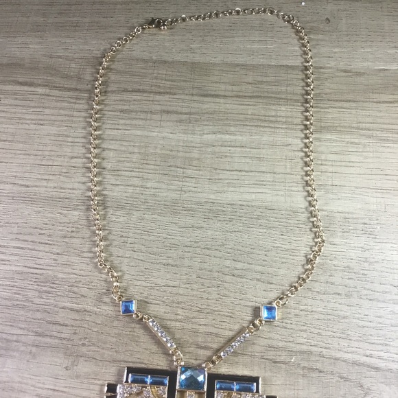 Bohemian Egyptian Elegant Blue and Gold Rhinestone Winged Statement Necklace - Picture 3 of 5